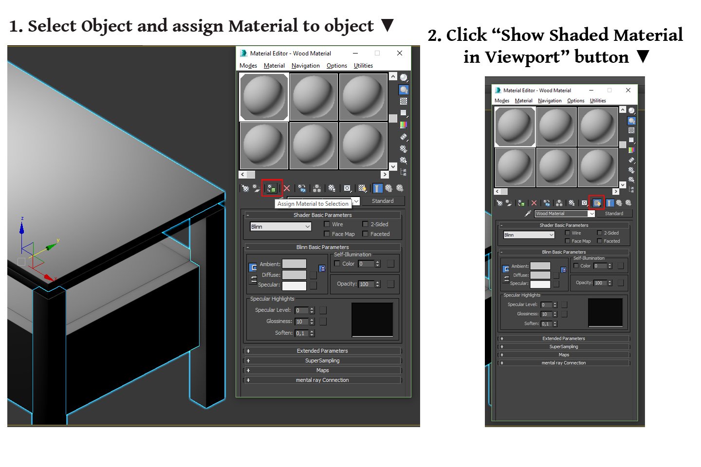 schema how to apply material on object, standard wood material