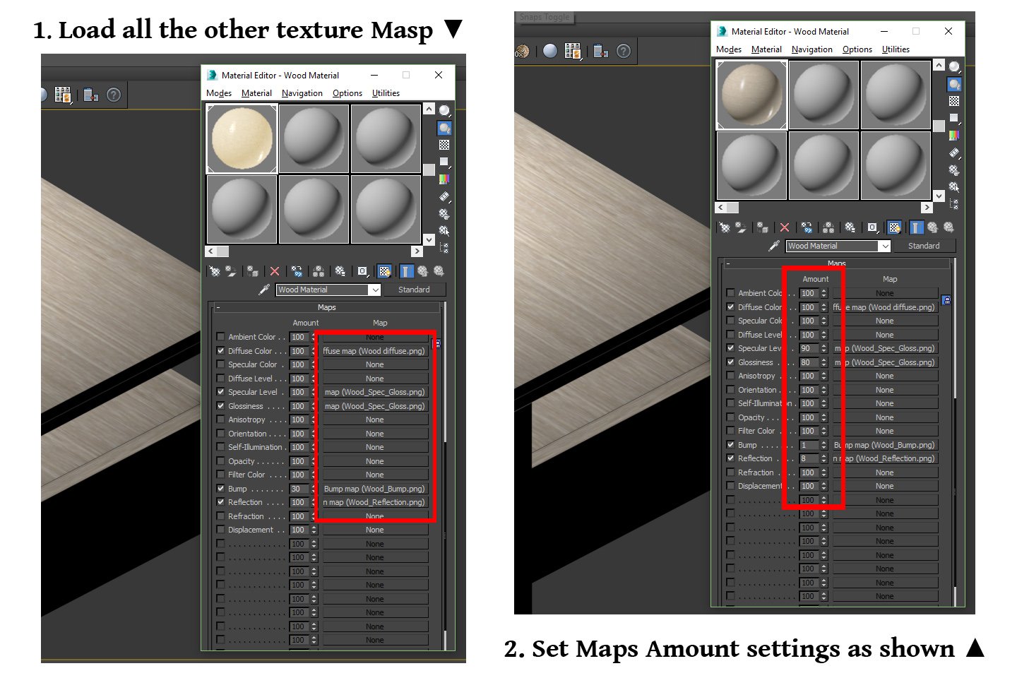 schema on how to set maps amount parameters, standard wood material