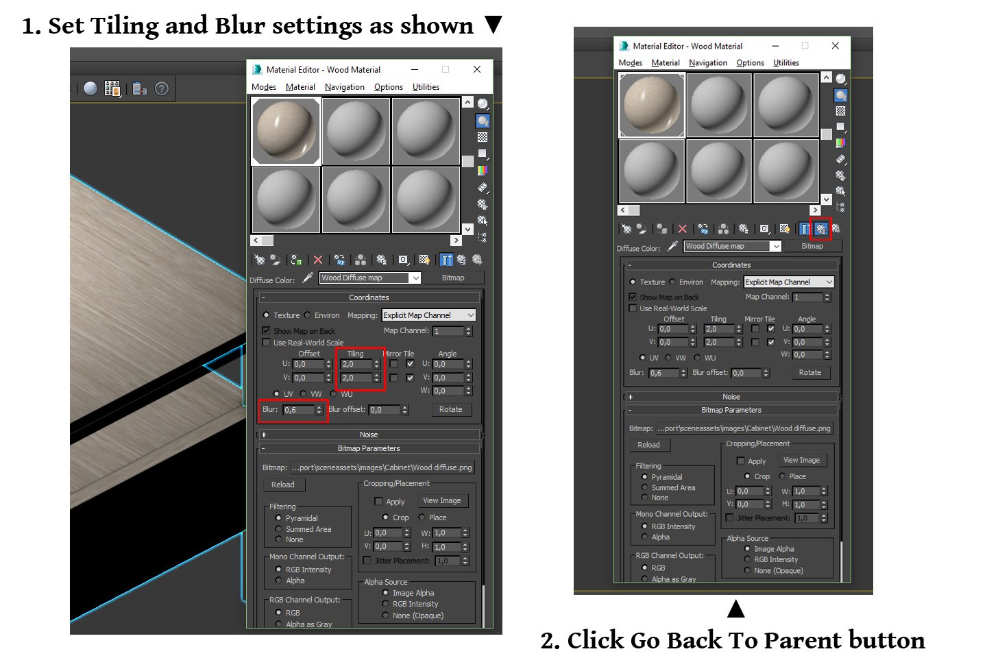 schema on tiling texture map and setting blur settings, standard wood material